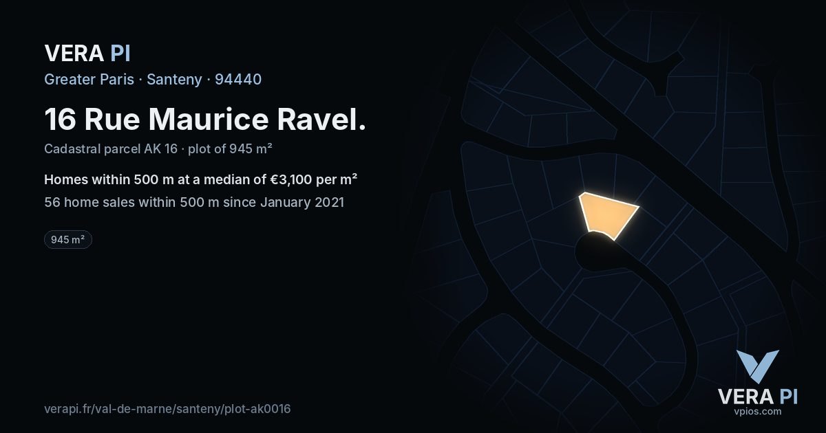 16 Rue Maurice Ravel, Santeny at night – the plot lit, the parcels around coloured by the prices near them