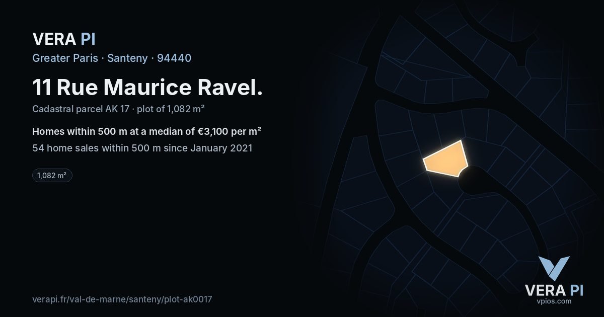 11 Rue Maurice Ravel, Santeny at night – the plot lit, the parcels around coloured by the prices near them