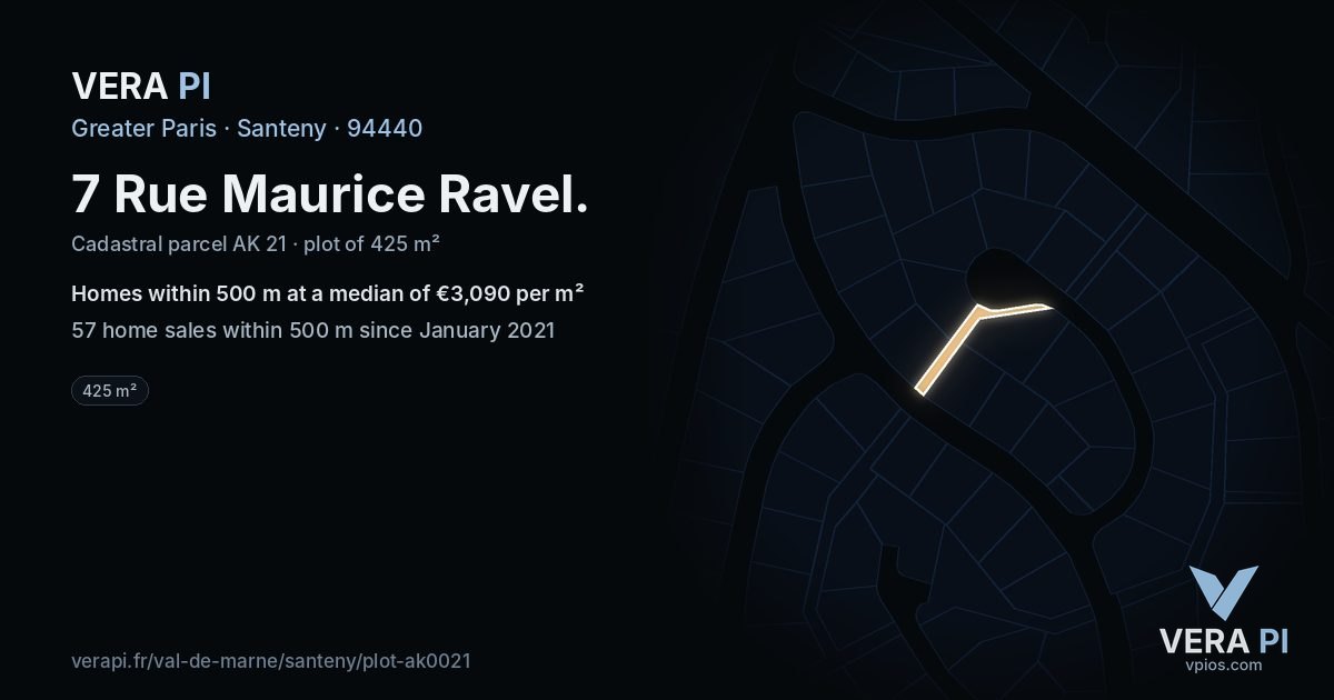 7 Rue Maurice Ravel, Santeny at night – the plot lit, the parcels around coloured by the prices near them