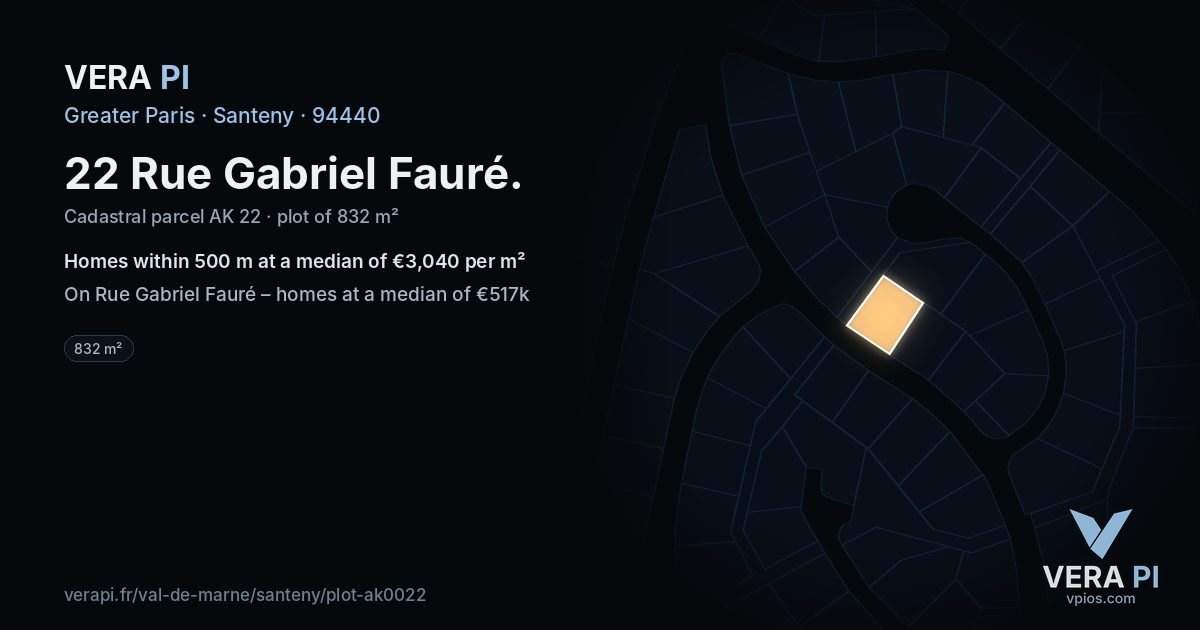 22 Rue Gabriel Fauré, Santeny at night – the plot lit, the parcels around coloured by the prices near them