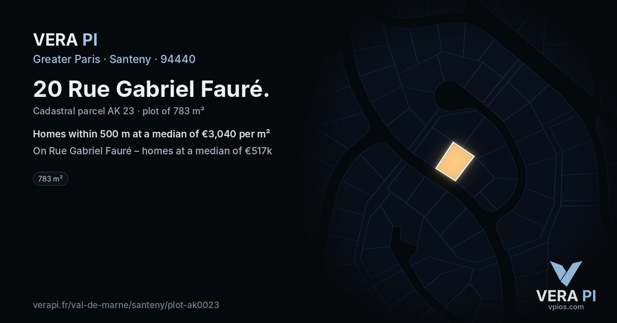 20 Rue Gabriel Fauré, Santeny at night – the plot lit, the parcels around coloured by the prices near them