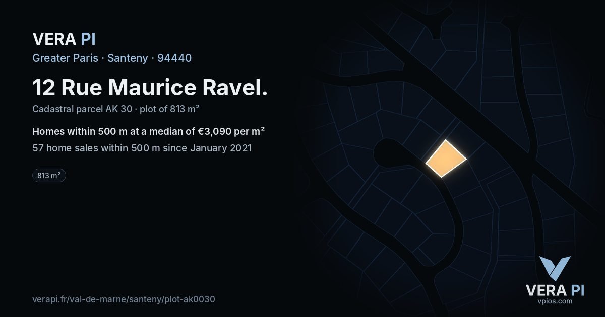 12 Rue Maurice Ravel, Santeny at night – the plot lit, the parcels around coloured by the prices near them