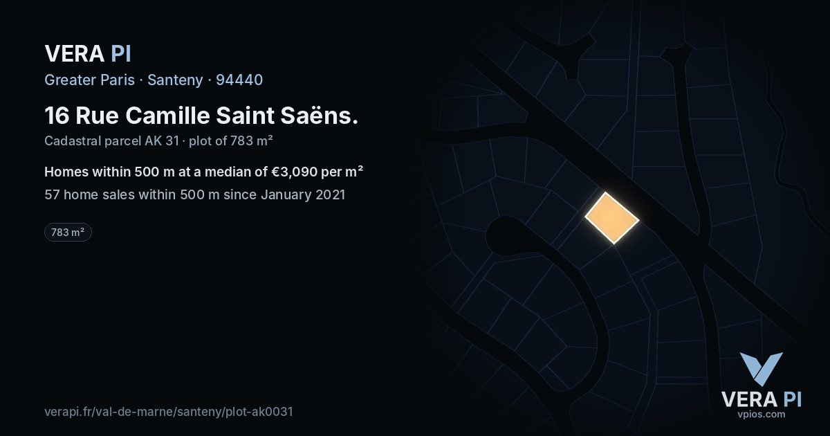 16 Rue Camille Saint Saëns, Santeny at night – the plot lit, the parcels around coloured by the prices near them
