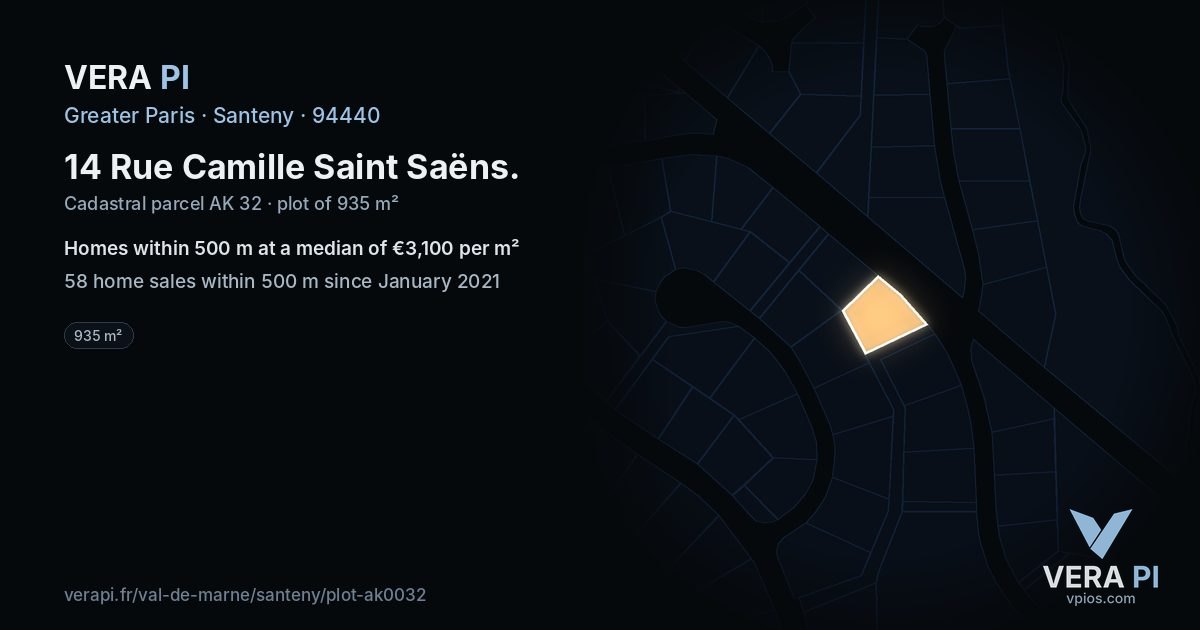 14 Rue Camille Saint Saëns, Santeny at night – the plot lit, the parcels around coloured by the prices near them