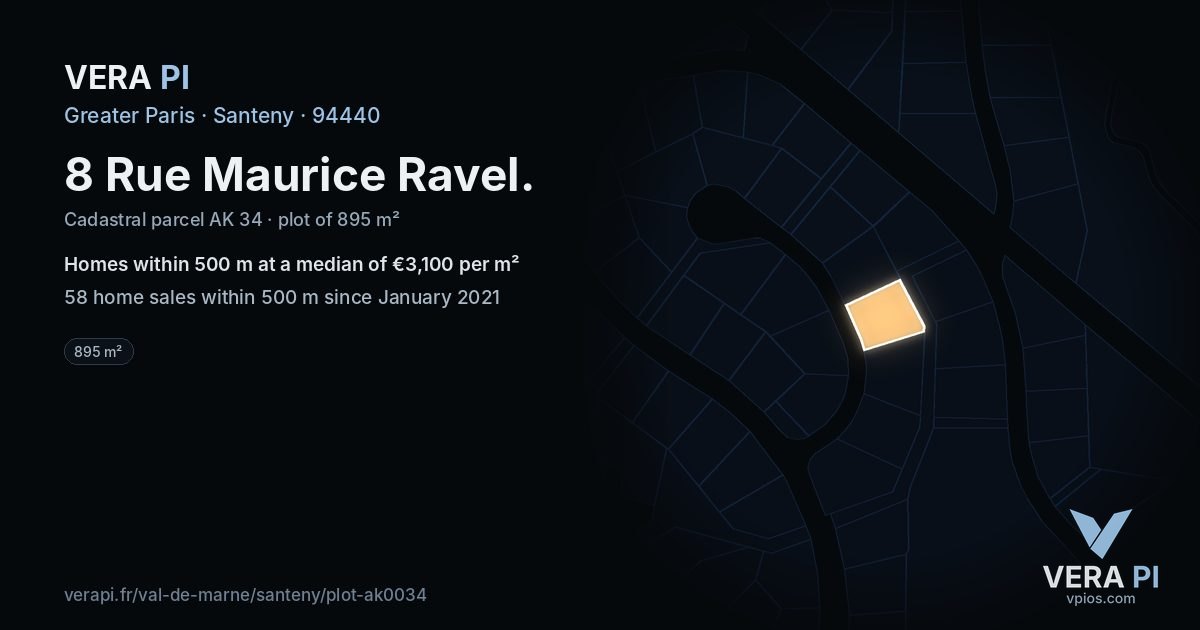 8 Rue Maurice Ravel, Santeny at night – the plot lit, the parcels around coloured by the prices near them