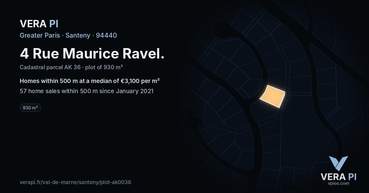 4 Rue Maurice Ravel, Santeny at night – the plot lit, the parcels around coloured by the prices near them
