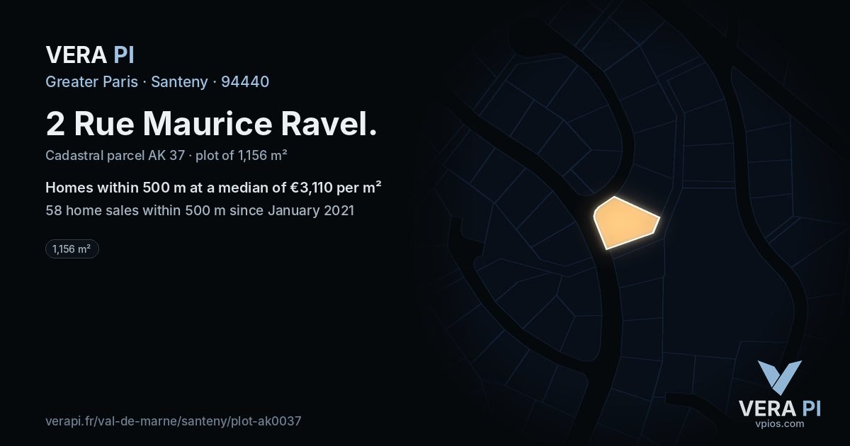 2 Rue Maurice Ravel, Santeny at night – the plot lit, the parcels around coloured by the prices near them