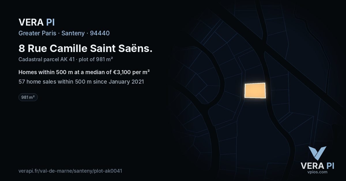 8 Rue Camille Saint Saëns, Santeny at night – the plot lit, the parcels around coloured by the prices near them