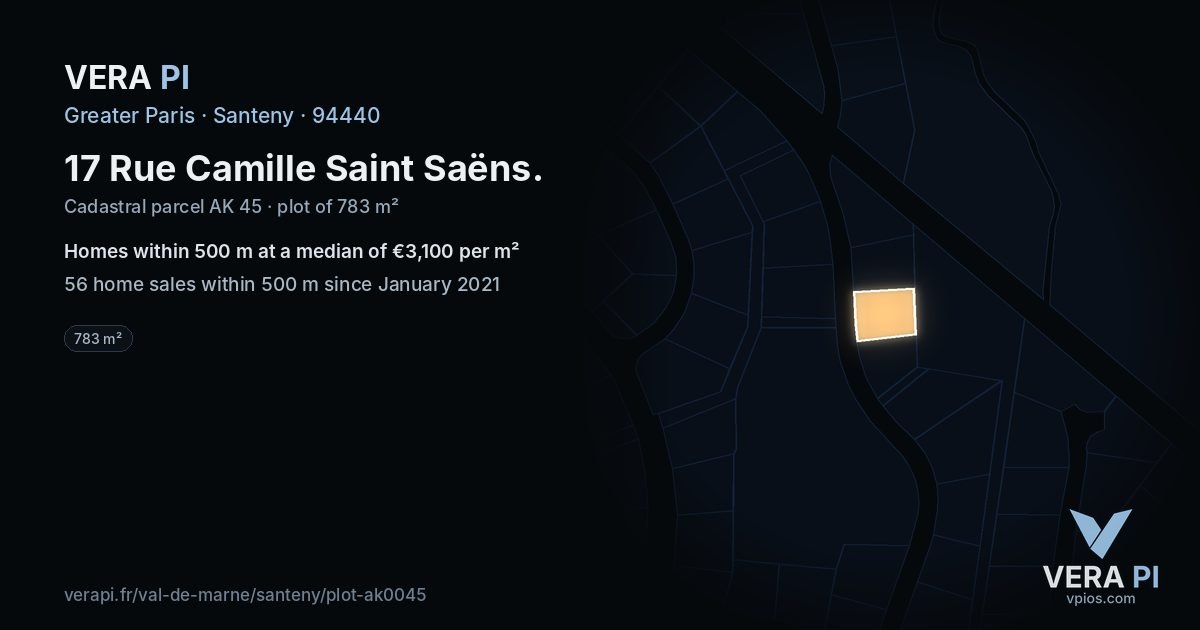 17 Rue Camille Saint Saëns, Santeny at night – the plot lit, the parcels around coloured by the prices near them