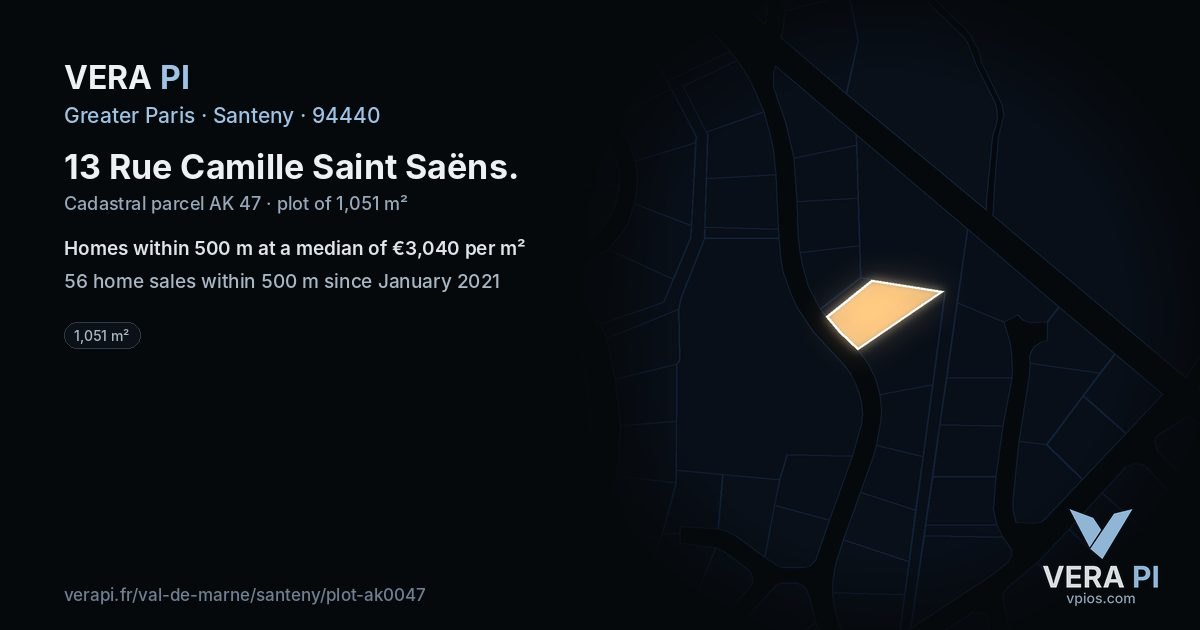 13 Rue Camille Saint Saëns, Santeny at night – the plot lit, the parcels around coloured by the prices near them