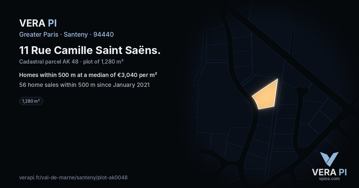 11 Rue Camille Saint Saëns, Santeny at night – the plot lit, the parcels around coloured by the prices near them