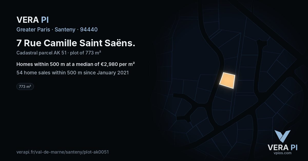7 Rue Camille Saint Saëns, Santeny at night – the plot lit, the parcels around coloured by the prices near them