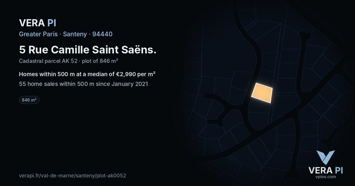 5 Rue Camille Saint Saëns, Santeny at night – the plot lit, the parcels around coloured by the prices near them
