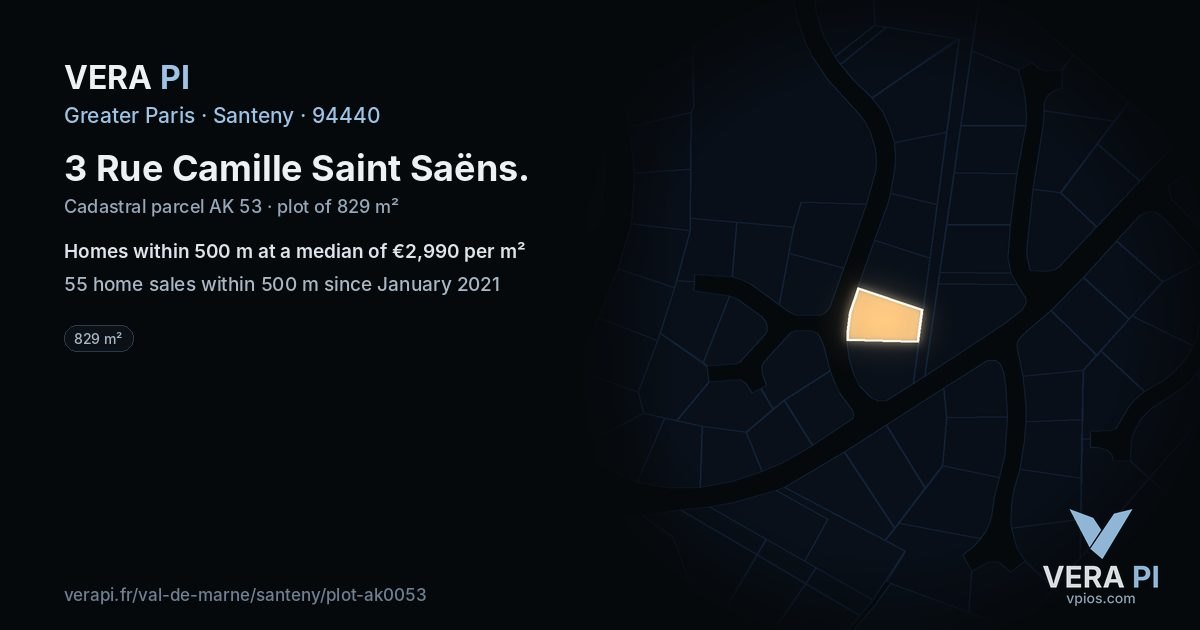 3 Rue Camille Saint Saëns, Santeny at night – the plot lit, the parcels around coloured by the prices near them
