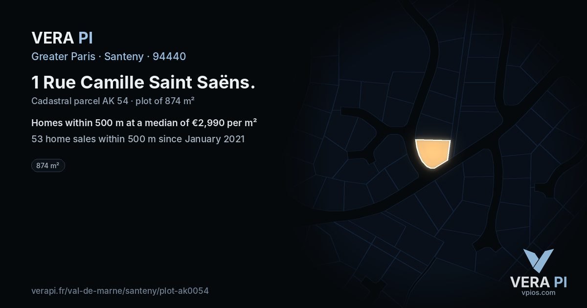 1 Rue Camille Saint Saëns, Santeny at night – the plot lit, the parcels around coloured by the prices near them