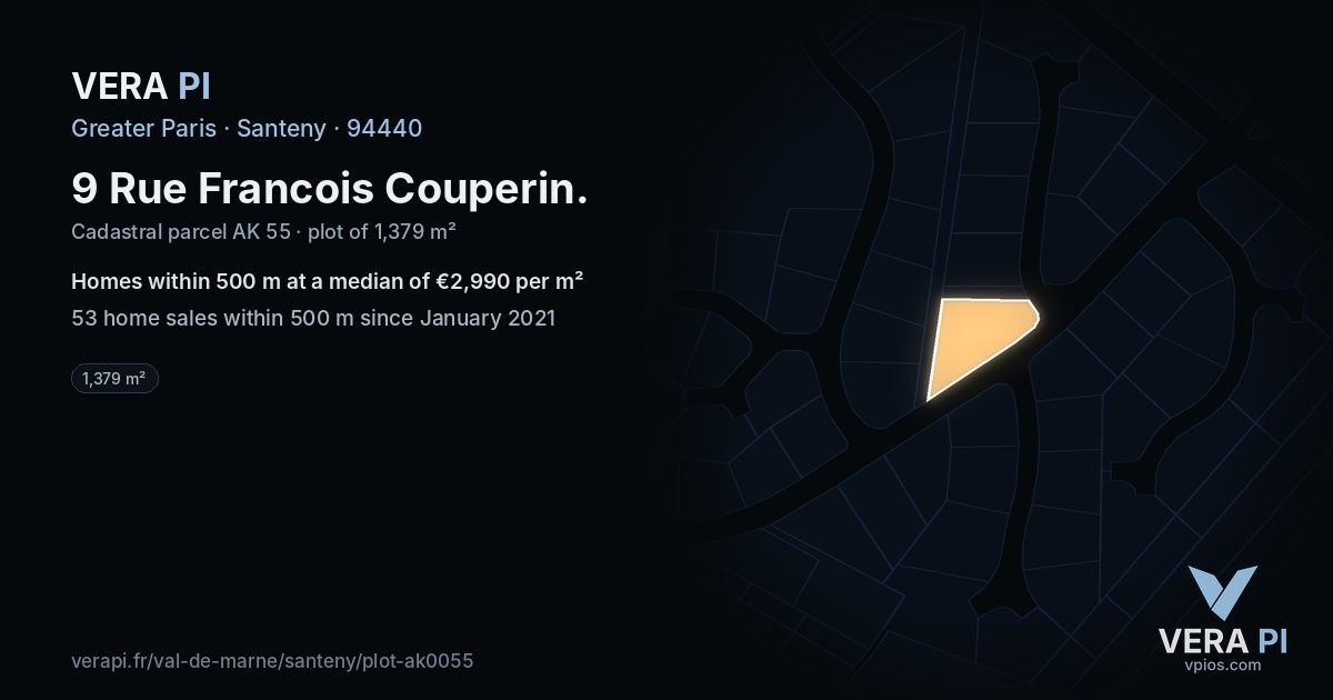 9 Rue Francois Couperin, Santeny at night – the plot lit, the parcels around coloured by the prices near them