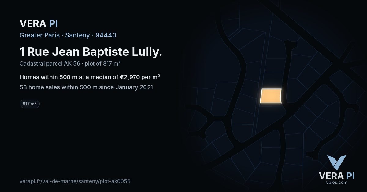 1 Rue Jean Baptiste Lully, Santeny at night – the plot lit, the parcels around coloured by the prices near them