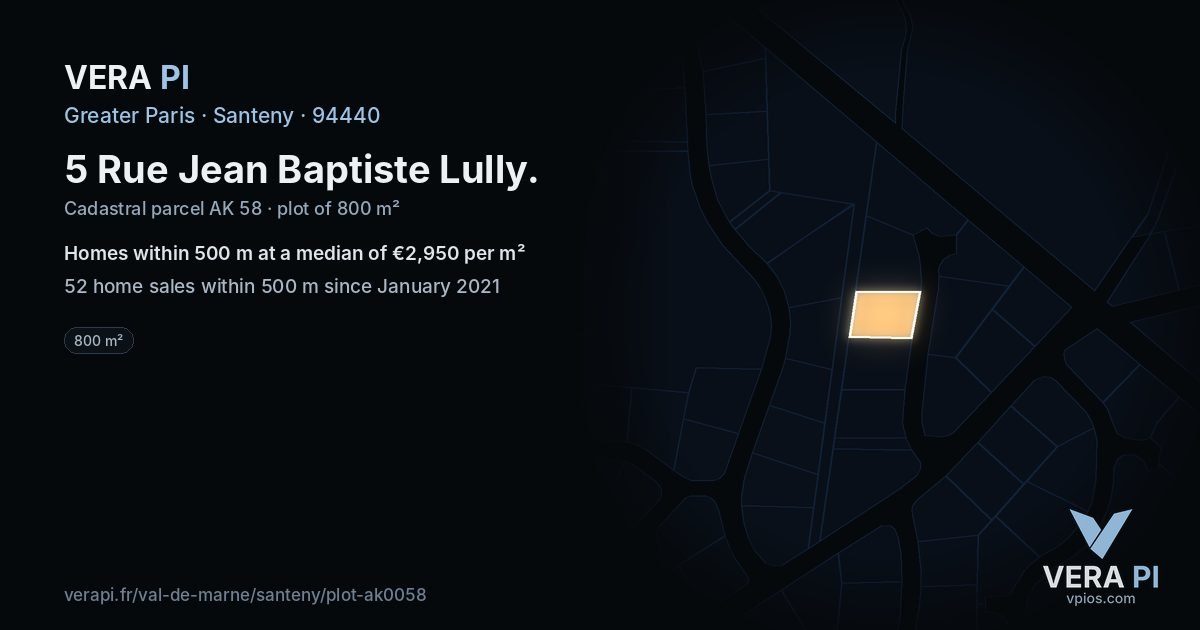 5 Rue Jean Baptiste Lully, Santeny at night – the plot lit, the parcels around coloured by the prices near them