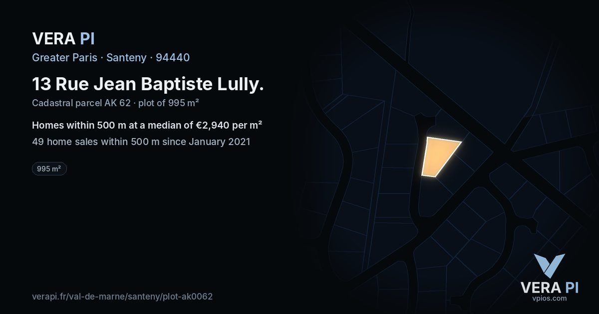 13 Rue Jean Baptiste Lully, Santeny at night – the plot lit, the parcels around coloured by the prices near them