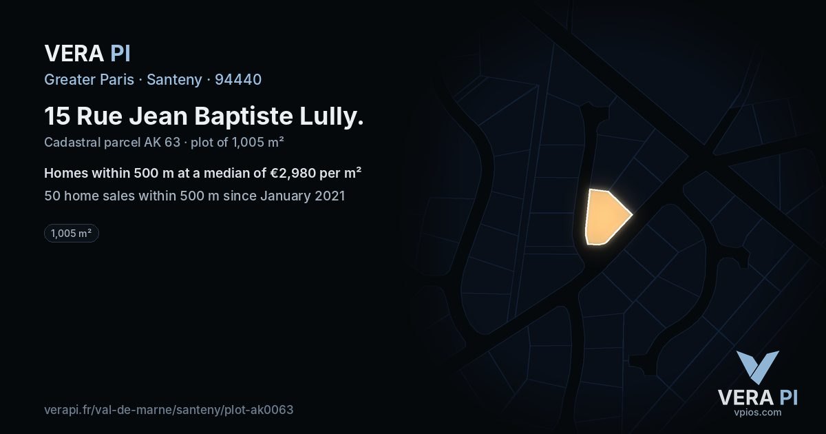 15 Rue Jean Baptiste Lully, Santeny at night – the plot lit, the parcels around coloured by the prices near them