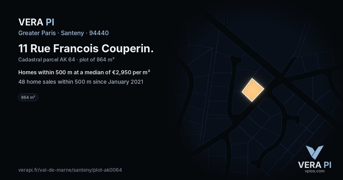 11 Rue Francois Couperin, Santeny at night – the plot lit, the parcels around coloured by the prices near them