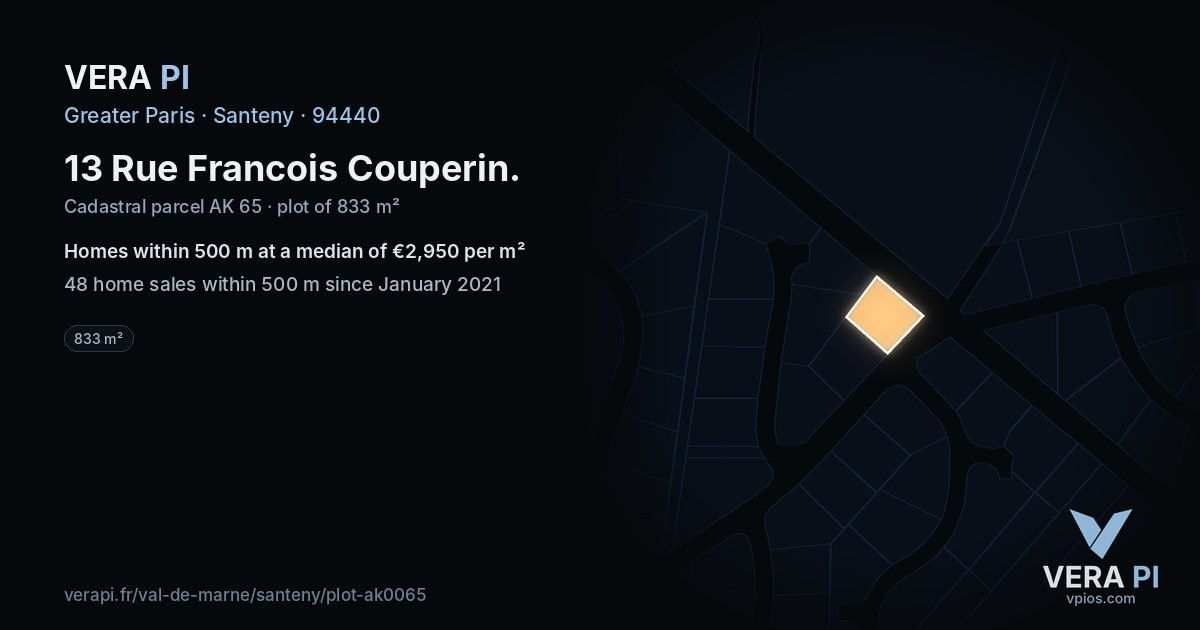 13 Rue Francois Couperin, Santeny at night – the plot lit, the parcels around coloured by the prices near them