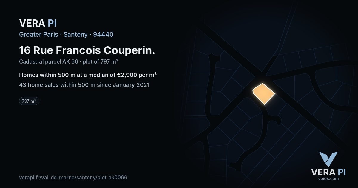 16 Rue Francois Couperin, Santeny at night – the plot lit, the parcels around coloured by the prices near them