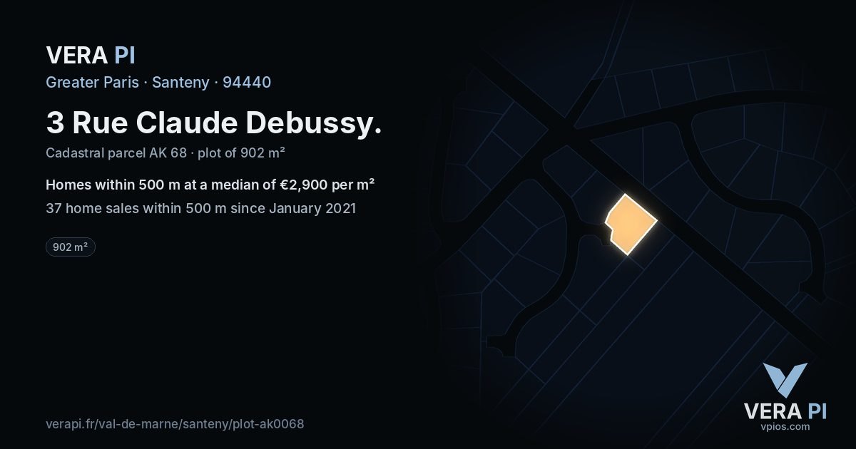 3 Rue Claude Debussy, Santeny at night – the plot lit, the parcels around coloured by the prices near them