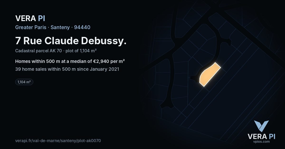 7 Rue Claude Debussy, Santeny at night – the plot lit, the parcels around coloured by the prices near them