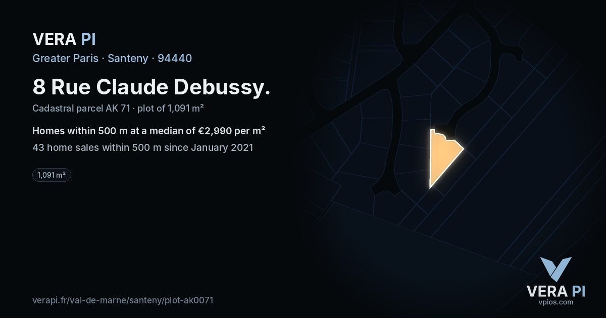 8 Rue Claude Debussy, Santeny at night – the plot lit, the parcels around coloured by the prices near them