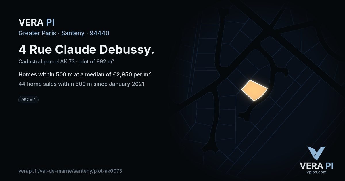 4 Rue Claude Debussy, Santeny at night – the plot lit, the parcels around coloured by the prices near them