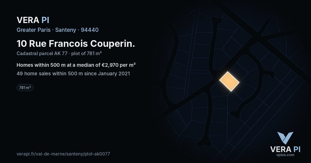 10 Rue Francois Couperin, Santeny at night – the plot lit, the parcels around coloured by the prices near them