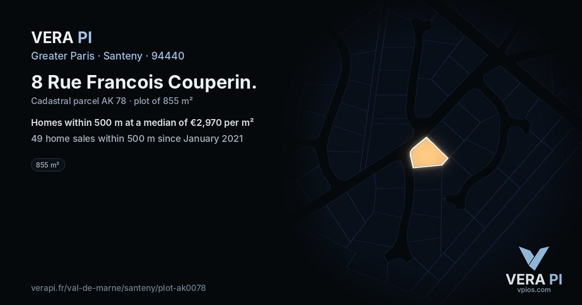 8 Rue Francois Couperin, Santeny at night – the plot lit, the parcels around coloured by the prices near them