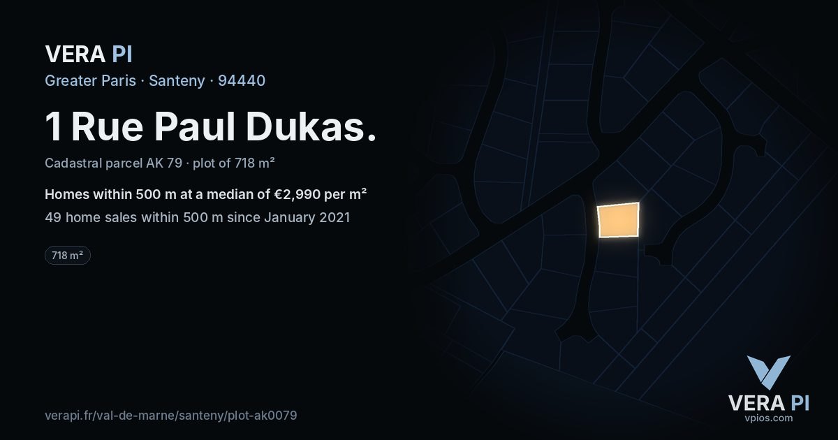 1 Rue Paul Dukas, Santeny at night – the plot lit, the parcels around coloured by the prices near them