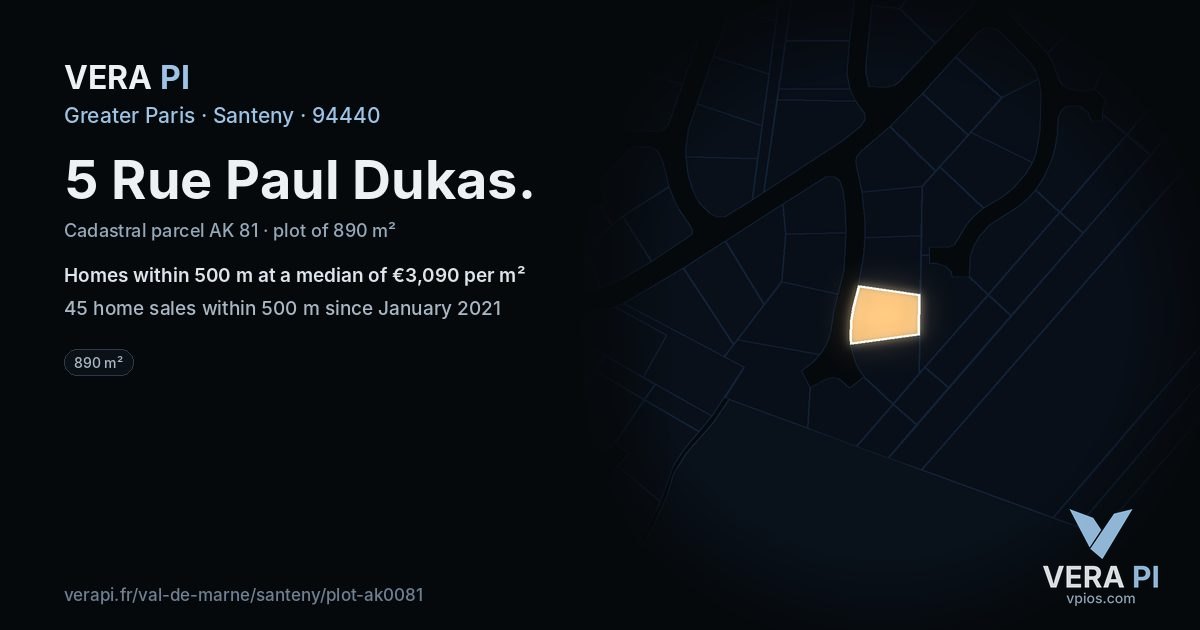 5 Rue Paul Dukas, Santeny at night – the plot lit, the parcels around coloured by the prices near them