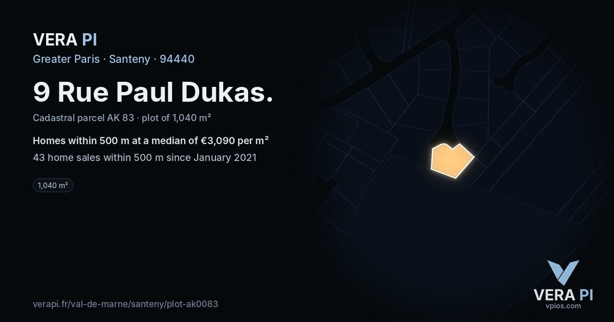 9 Rue Paul Dukas, Santeny at night – the plot lit, the parcels around coloured by the prices near them