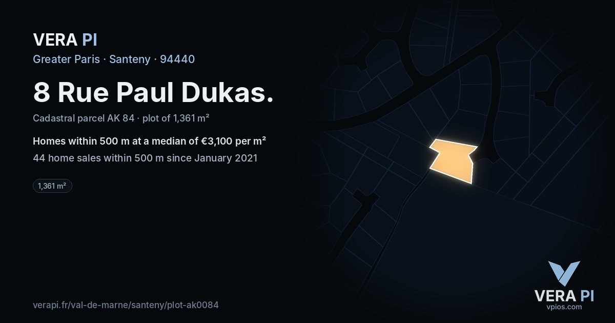 8 Rue Paul Dukas, Santeny at night – the plot lit, the parcels around coloured by the prices near them