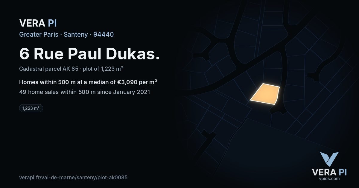6 Rue Paul Dukas, Santeny at night – the plot lit, the parcels around coloured by the prices near them