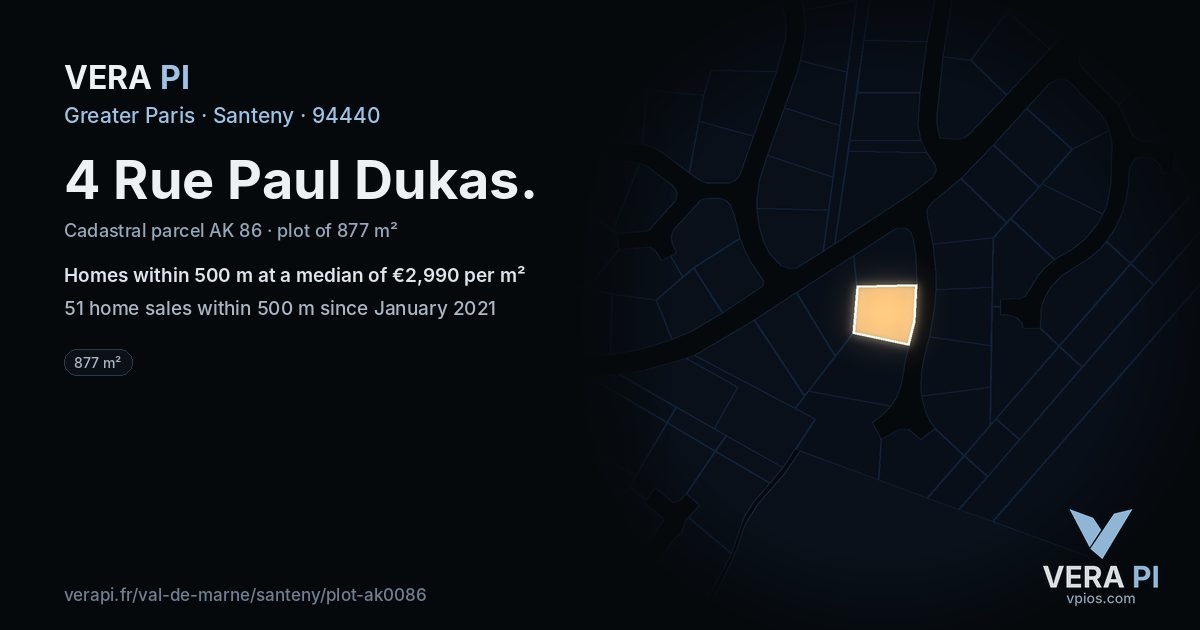 4 Rue Paul Dukas, Santeny at night – the plot lit, the parcels around coloured by the prices near them