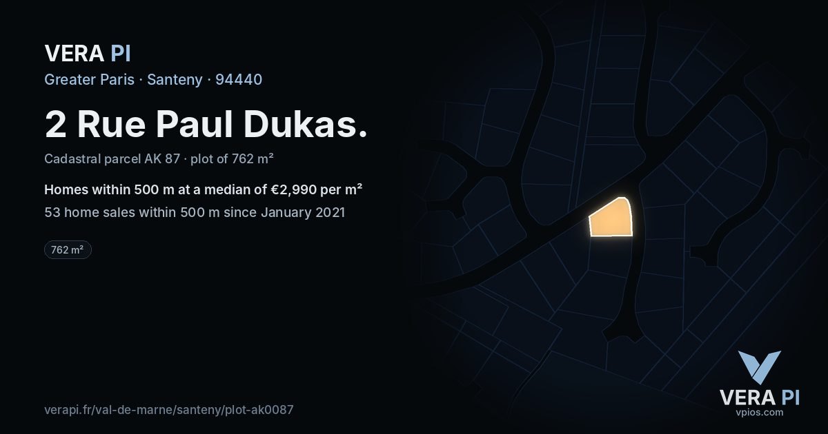 2 Rue Paul Dukas, Santeny at night – the plot lit, the parcels around coloured by the prices near them