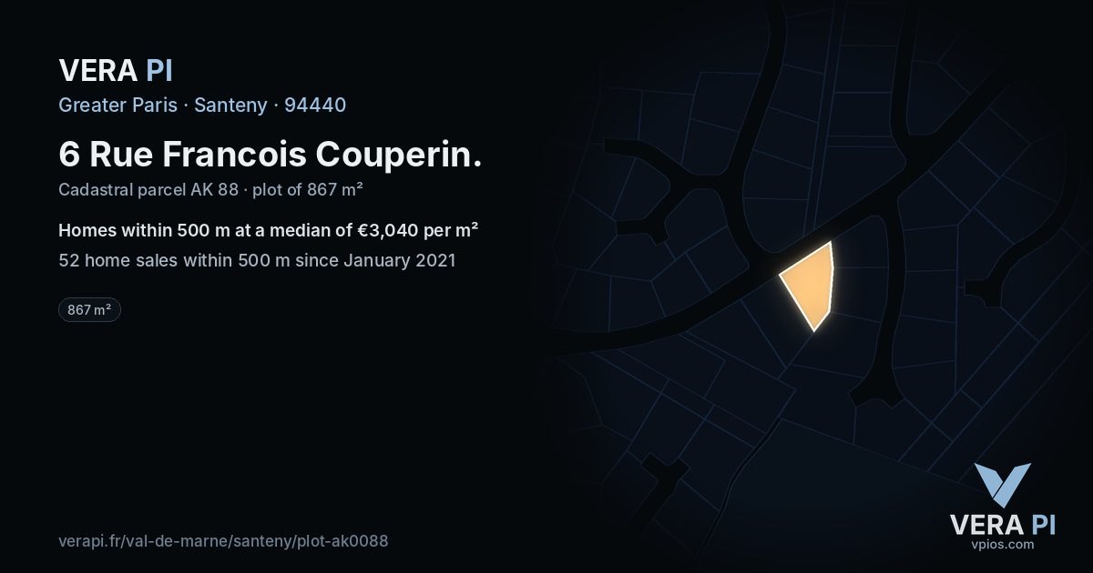 6 Rue Francois Couperin, Santeny at night – the plot lit, the parcels around coloured by the prices near them