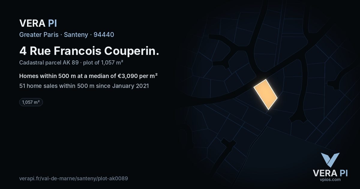 4 Rue Francois Couperin, Santeny at night – the plot lit, the parcels around coloured by the prices near them