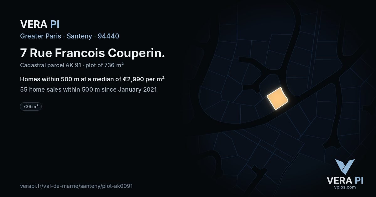 7 Rue Francois Couperin, Santeny at night – the plot lit, the parcels around coloured by the prices near them