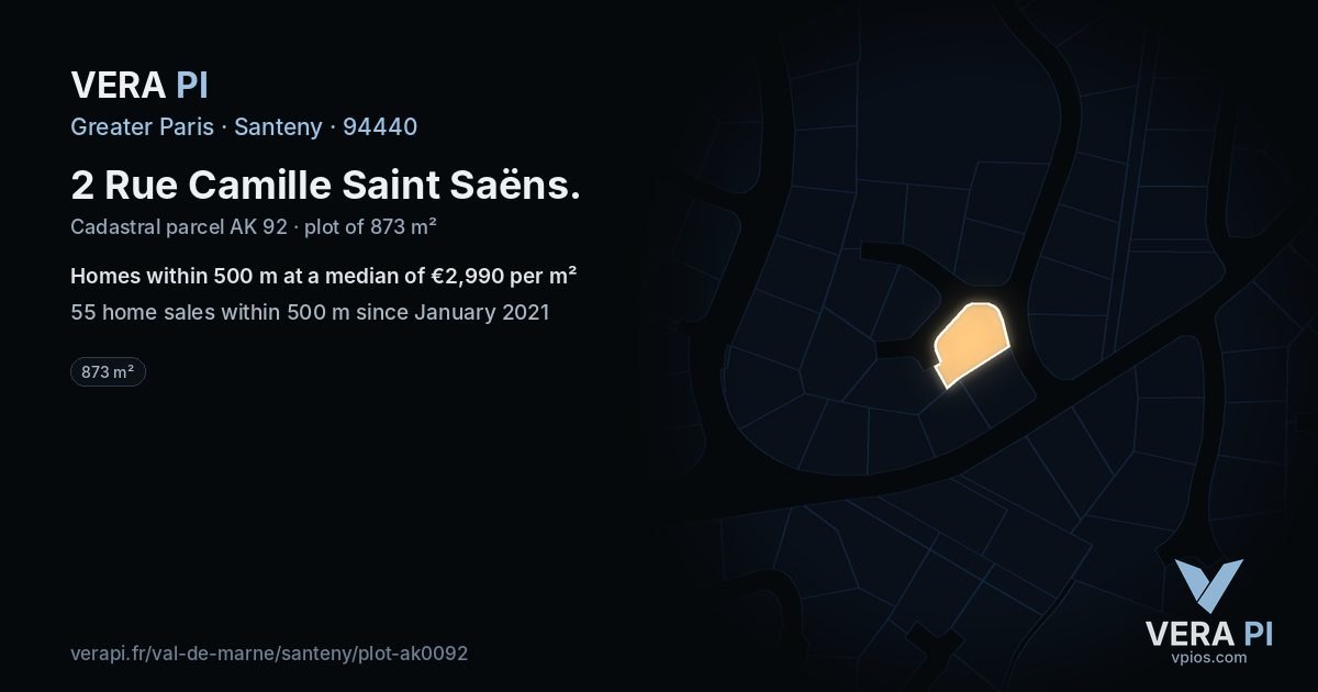 2 Rue Camille Saint Saëns, Santeny at night – the plot lit, the parcels around coloured by the prices near them