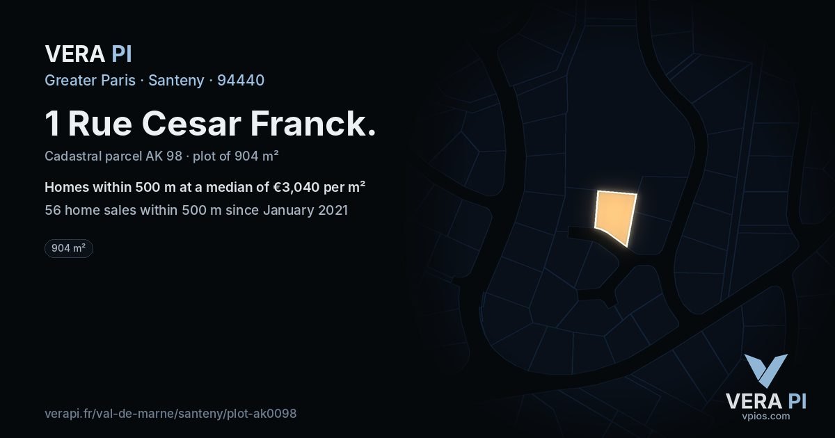 1 Rue Cesar Franck, Santeny at night – the plot lit, the parcels around coloured by the prices near them