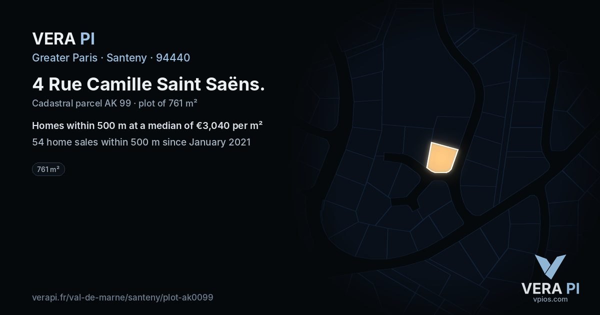 4 Rue Camille Saint Saëns, Santeny at night – the plot lit, the parcels around coloured by the prices near them