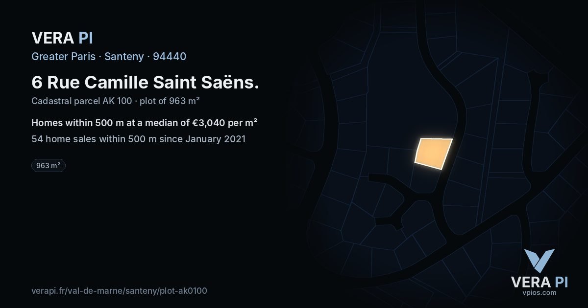 6 Rue Camille Saint Saëns, Santeny at night – the plot lit, the parcels around coloured by the prices near them