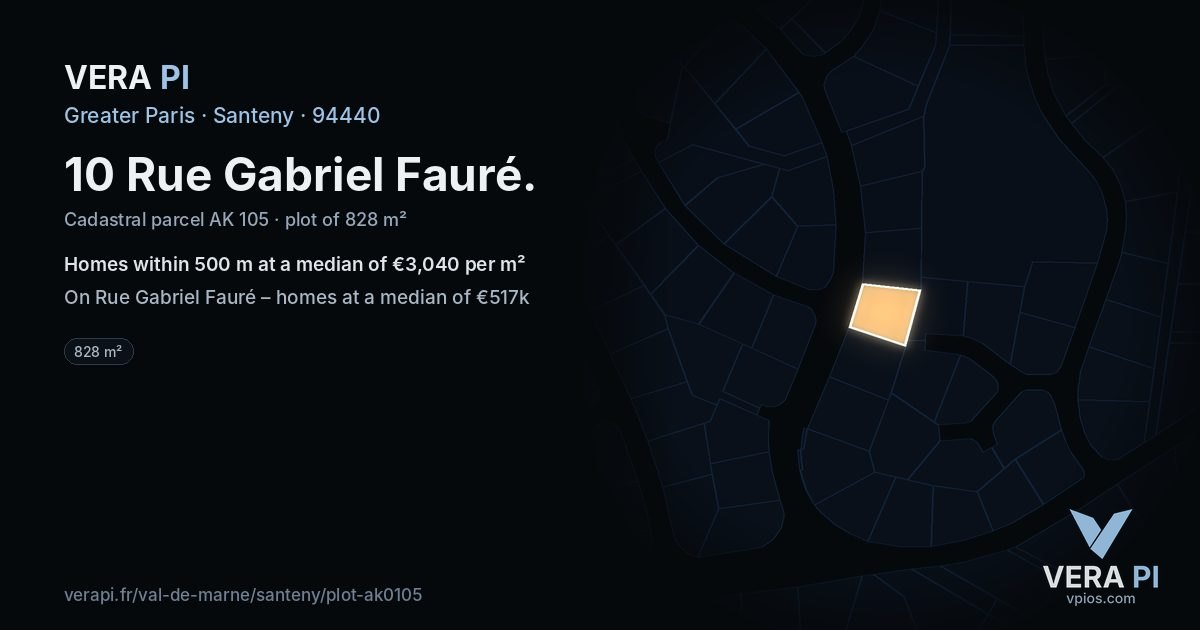 10 Rue Gabriel Fauré, Santeny at night – the plot lit, the parcels around coloured by the prices near them