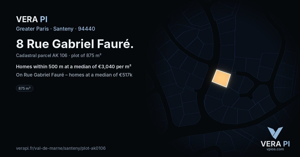 8 Rue Gabriel Fauré, Santeny at night – the plot lit, the parcels around coloured by the prices near them