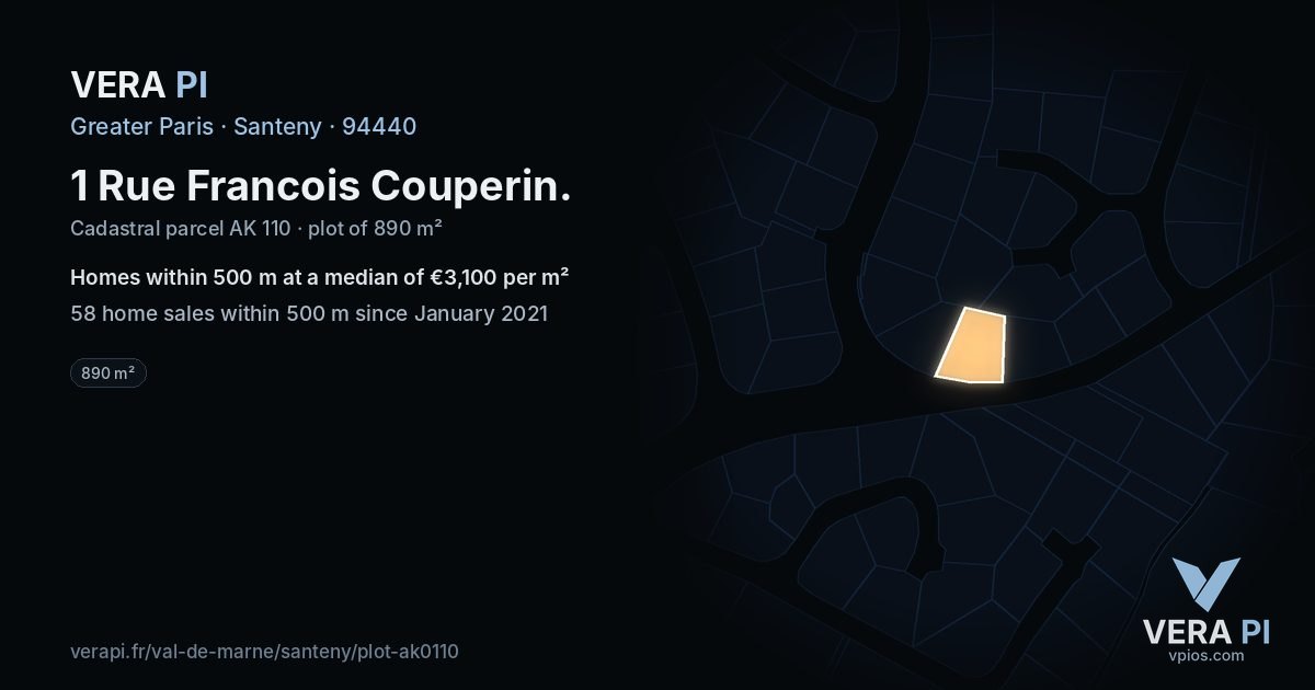 1 Rue Francois Couperin, Santeny at night – the plot lit, the parcels around coloured by the prices near them